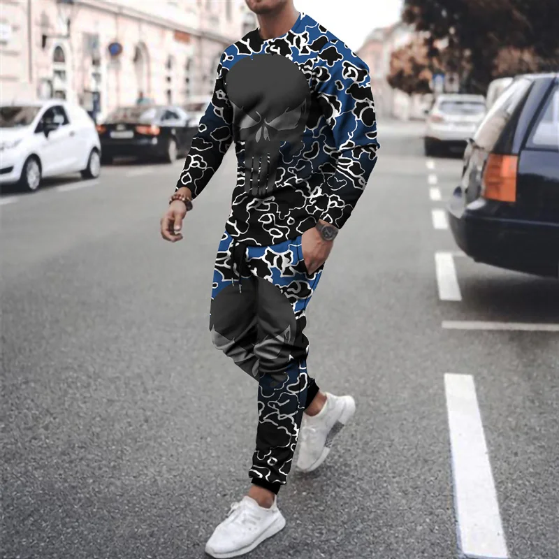 Skull Printed Men\'s Tracksuit Set Men Sport Suits Vintage Long Sleeve T-shirt Trousers Casual Streetwear 2 Piece Suit Outfits