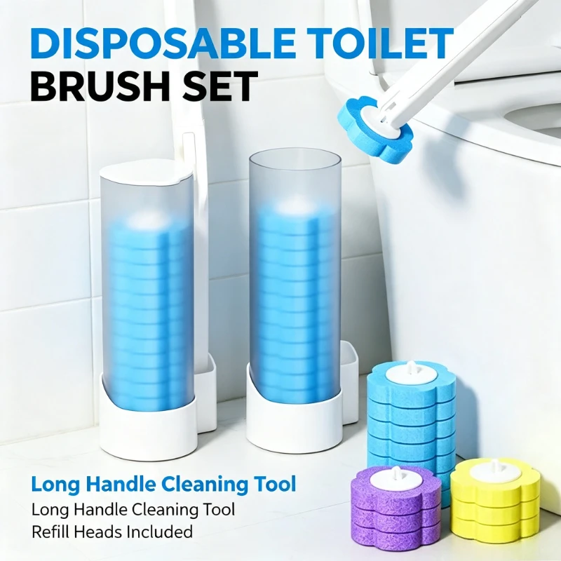 Disposable Toilet Brush Set Comes with Toilet Cleaner Long-Handled Cleaning Tool Replacement Head Sterile Cleaning Brush Head