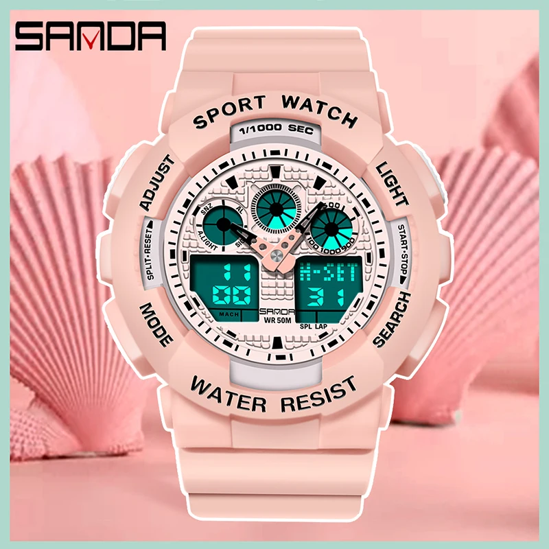 SANDA Sports Series Women Dual Display Watch 2023 New Fashion Trend Watches Multifunctional Timer Alarm Clock Reloj Mujer 3017