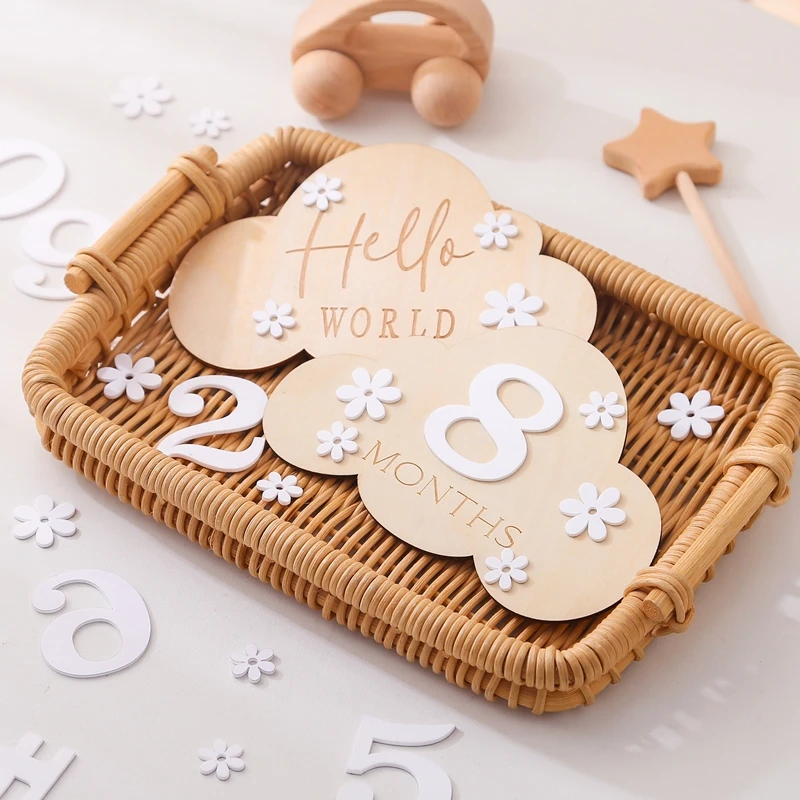 Wooden Baby Month Photography Prop Cloud Shape Record Card Newborn Birthday Gift Milestone Card Souvenir Baby Photo Accessories