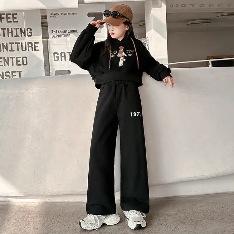 2025 autumn spring teenager kids girl Child set crop top Hooded tracksuit sweatshirt top and bottom wide leg pants 8 12 Year