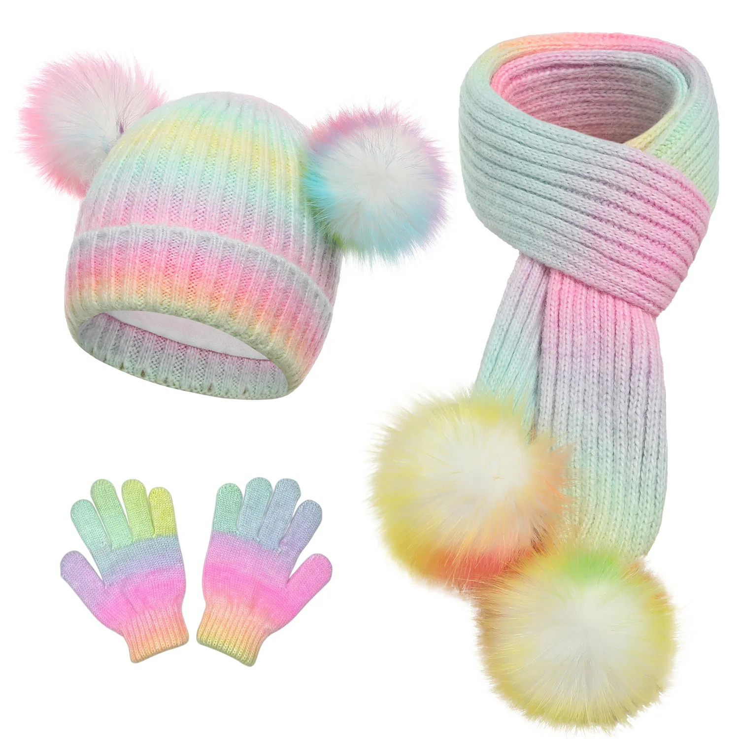 Multi Color Autumn Winter Unisex Kids Hat Scarf Gloves Set Children's Warm Knit Beanie Windproof Scarf Neck Warmer