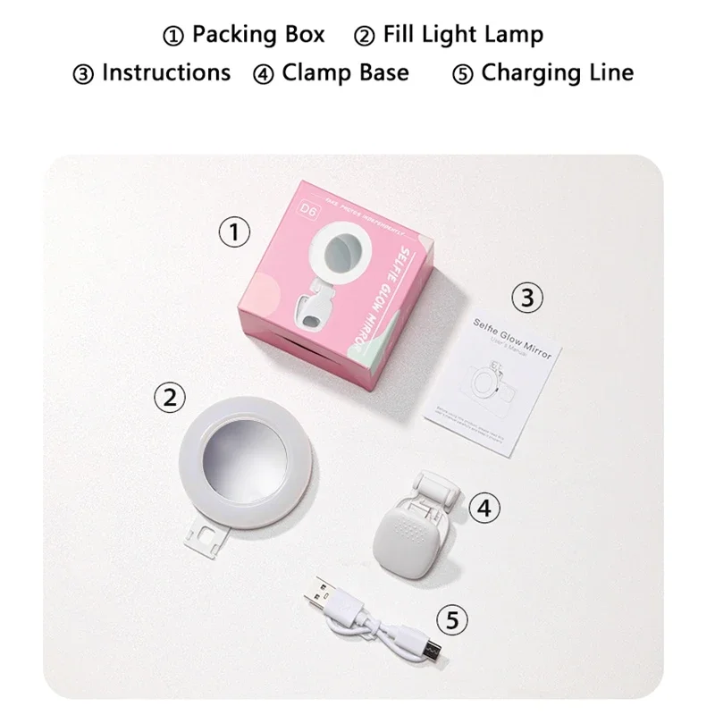 Lampu Selfie Kecantikan Ponsel dengan Cermin Portabel untuk Mengambil Foto Langsung Lampu Mini Putar Universal untuk Smartphone