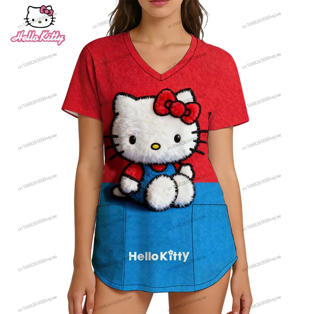 

Top Women Hello Kitty Pocket Women's T-shirt Nurse Uniform V Neck T Shirt Y2k Clothes Cheap Tops T-shirts Harajuku Fashion S-2XL