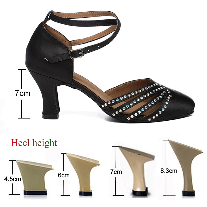 Zapatos de baile latino para mujer, zapatillas de fiesta de salón, Salsa, Tango, diamantes de imitación, satén negro, tacones altos para niñas,