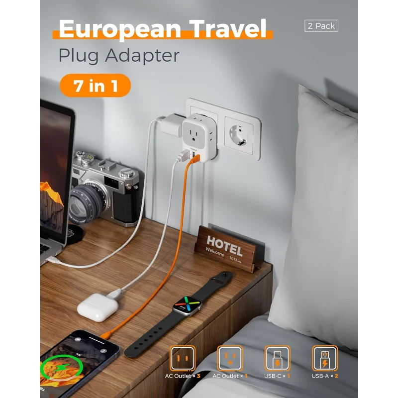 2 حزمة محول القابس الأوروبي USB C، محول أوروبا 4 منافذ 3 شاحن USB، محول الطاقة الدولي من النوع C #3