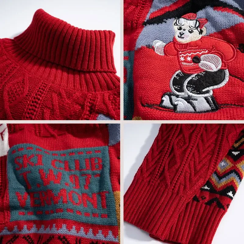 Cute Bear Knitting Sweater Oversize Men High Street Winter Turtleneck Pullover Loose Harajuku Couple Sweaters Velvet Jumpers