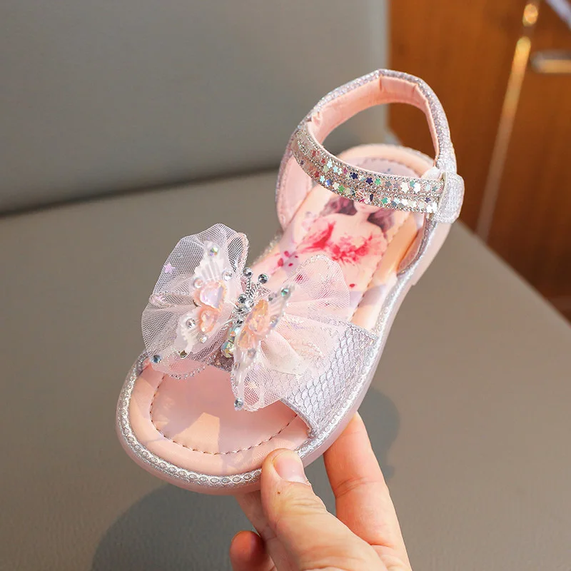 

Pink Sandals Lace Bowknot Kids Shoes Girls' Hook Loop Open Tos Sandal Flat Girl for 2024 Summer Child Cute Princess Shoe 26-36