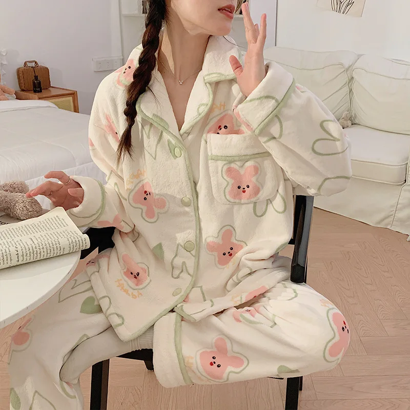 Miniso Crayon Shin-chan Women\'s Flannel Pajama Set Y2k Cartoon Home Furnishing Winter Warm Casual Long Sleeve Pants Pjama Gifts