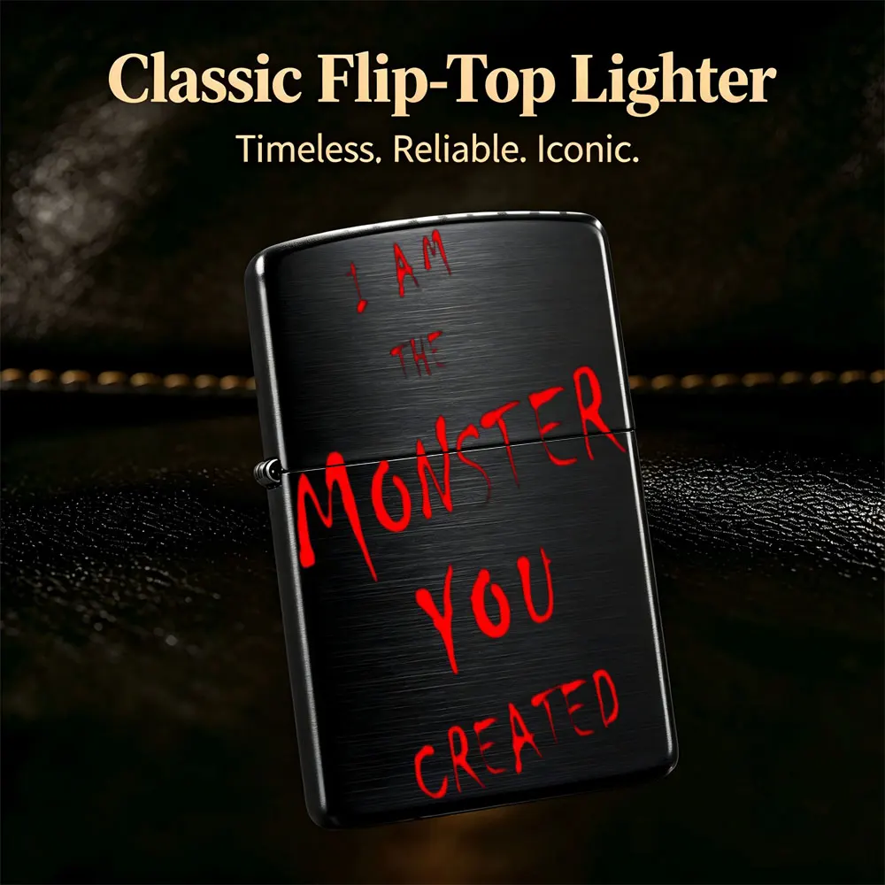 Pocket Lighter, Flip-Top Windproof Design, Metal Shell, Red Print Accent, Comfortable Grip, Portable & Durable, Classic Style