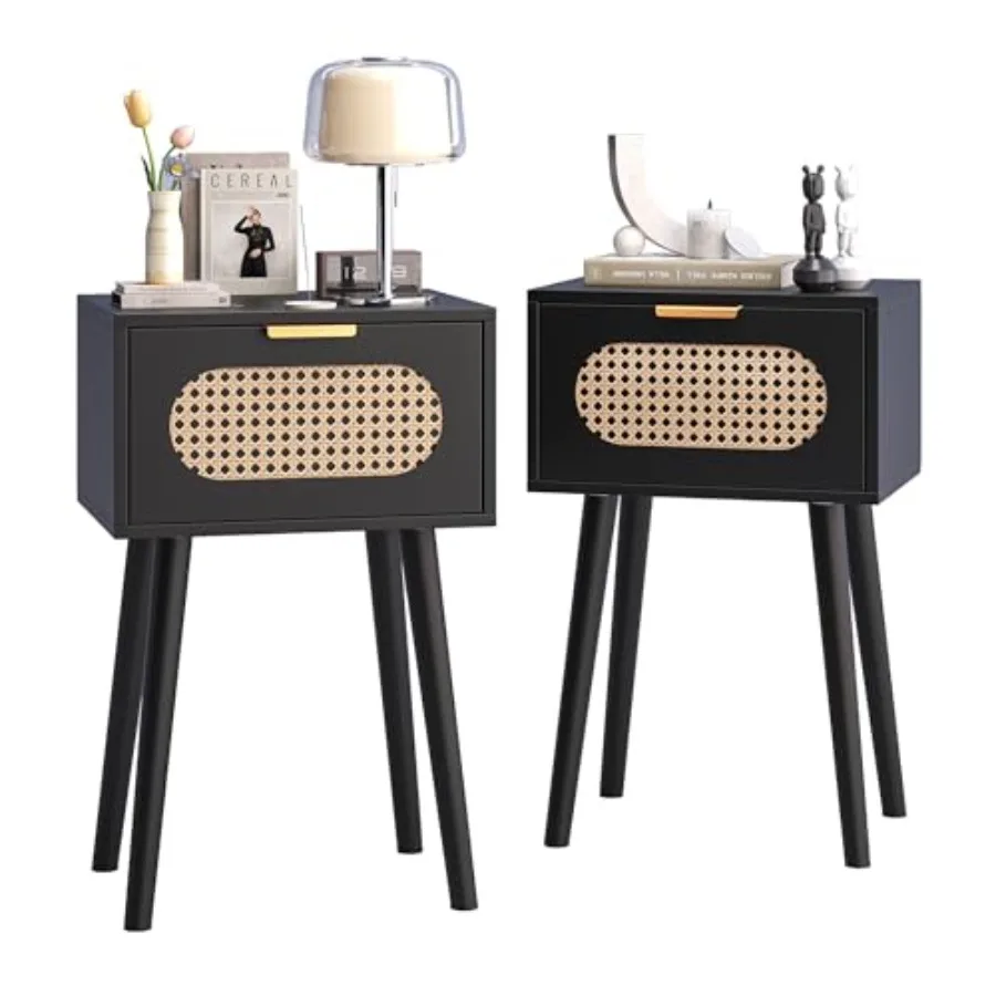 

Nightstands Set of 2 Bedside Table with Rattan Door Boho End Table with Solid Wood Legs for Bedroom Living Room Small Space Nig