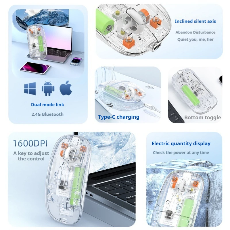 New Transparent Dual Mode Silent Bluetooth Connection Wireless Mouse Rechargeable Tablet Laptop Desktop Computer Business Office