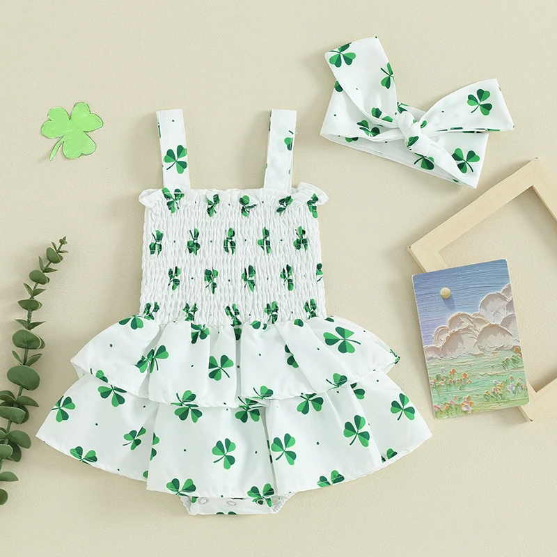 

BeQeuewll Baby Girls Irish Romper Dress For Summer Sleeveless Clover Print Sweet Romper with Headband For 0-18 Months