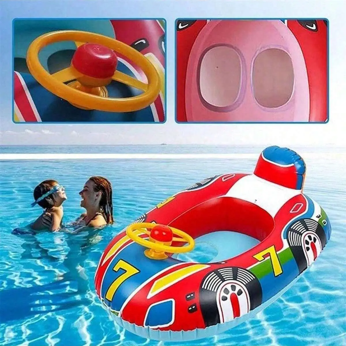 Baby Swimming Pool Float, Cute Car Design Kids Toddler Inflatable Summer Beach Floatie Boat Swim Tube Ring with Handles Safety