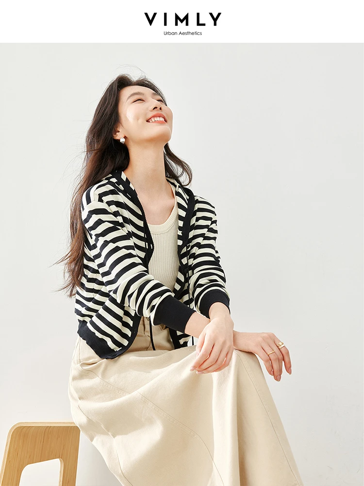 Vimly Lyocell Striped Hooded Knitted Cardigans 2024 Spring New High Strecth Female Knitewear Casual Knit Long Sleeve Top 72698