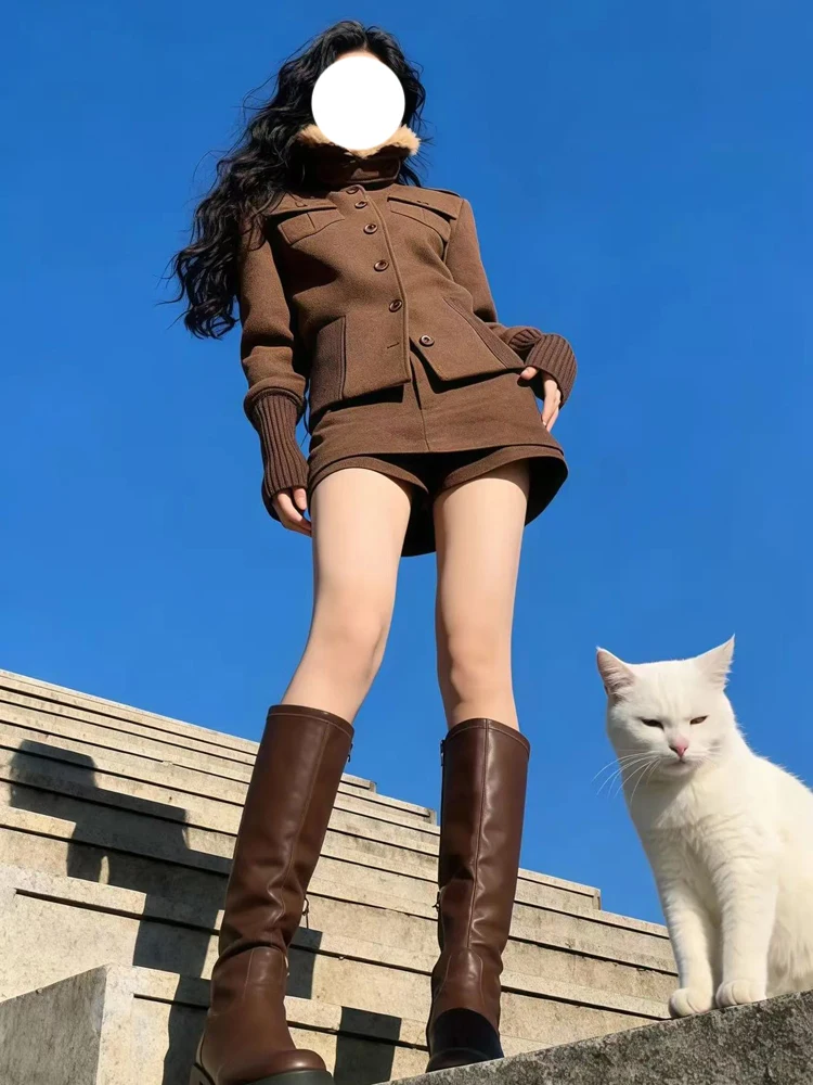 

Retro High Collar Long Sleeve Women's Jacket Top Coffee Color Winter Fashion Slimming Short Skirt Two Piece Set