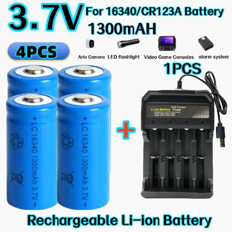 2024NEW 3.7V 1300mAh 16340 CR123A Li-ion Rechargeable Batteriesr For LED Flashlight Laser pen For 16340 CR123A Battery