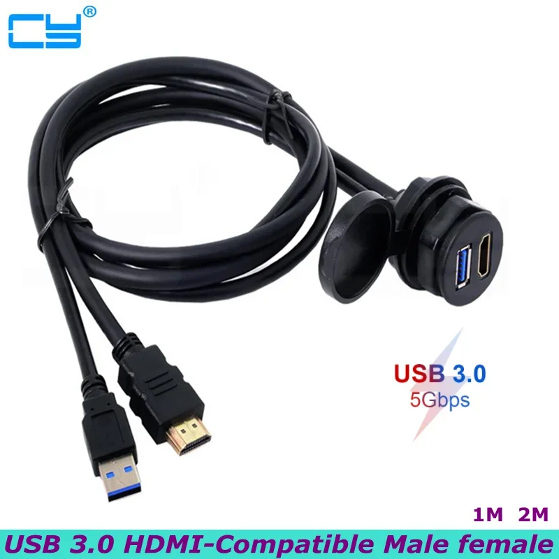 For Ships and Automobiles USB 3.0/2.0&HDMI-compatible Male to Female Instrument Panel Waterproof Embedded Installation Cable