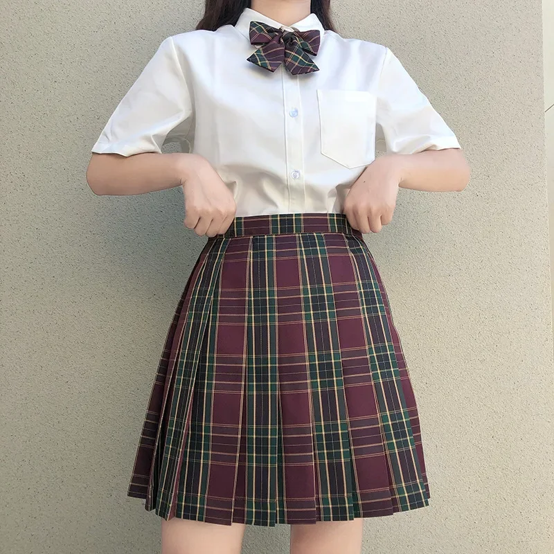 Uniformi JK sexy Camicia uniforme stile college giapponese Uniforme da ragazza scolastica Vita alta Gonna scozzese a trapezio Set completo da donna estiva