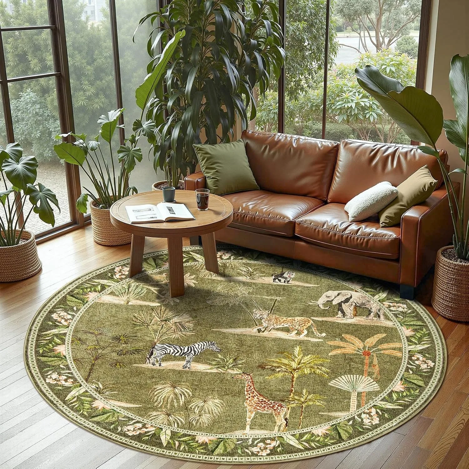 

Round Living Room Carpet Foldable Machine Washable Green Jungle Animals Print Coffee Table Mats Bed Bedside Cloakroom Wool Rugs