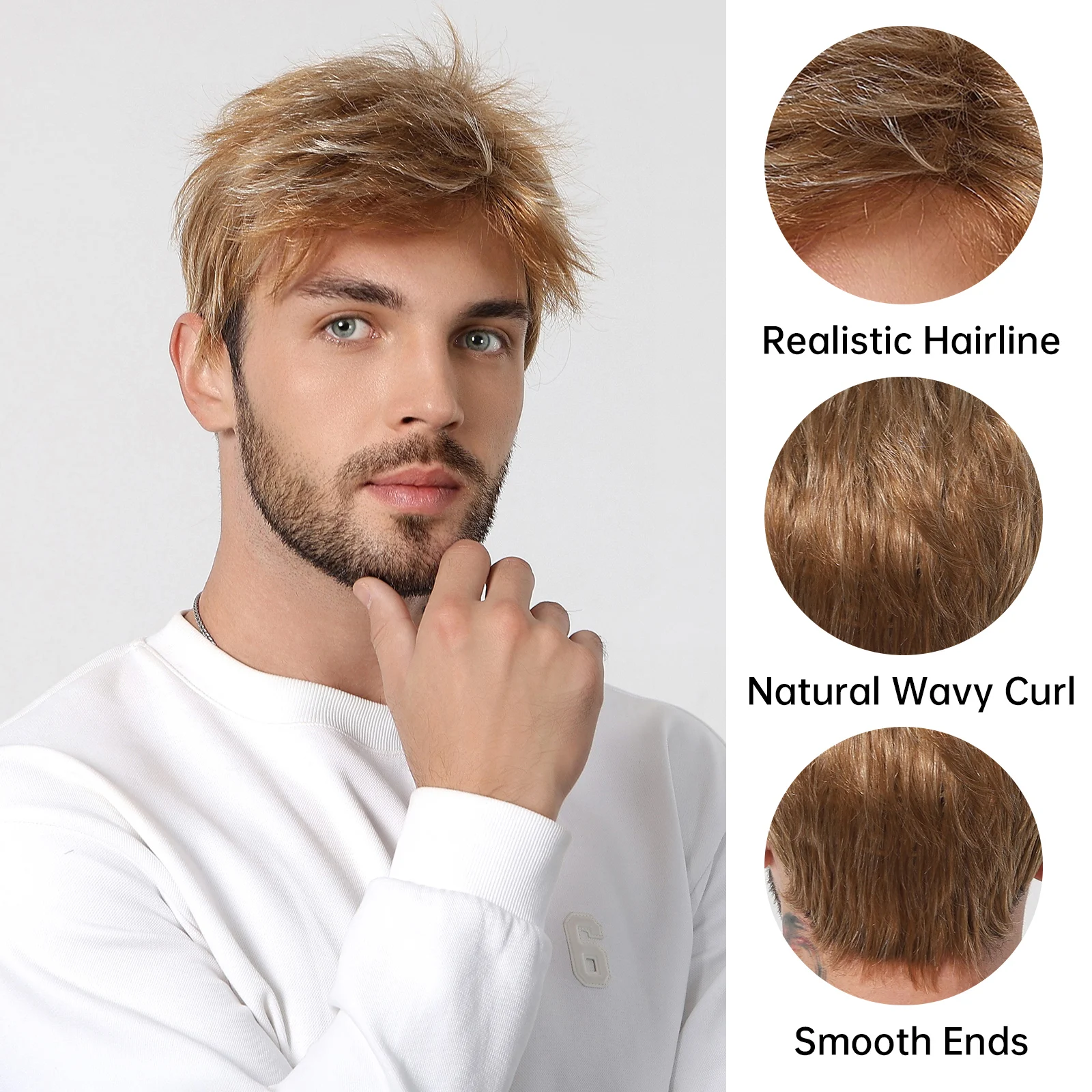 HAIRCUBE Short Men's Brown Blonde Layered Synthetic Wigs Natural Blonde Fake Hair Wigs for Mature Male Guys Halloween Party Wig