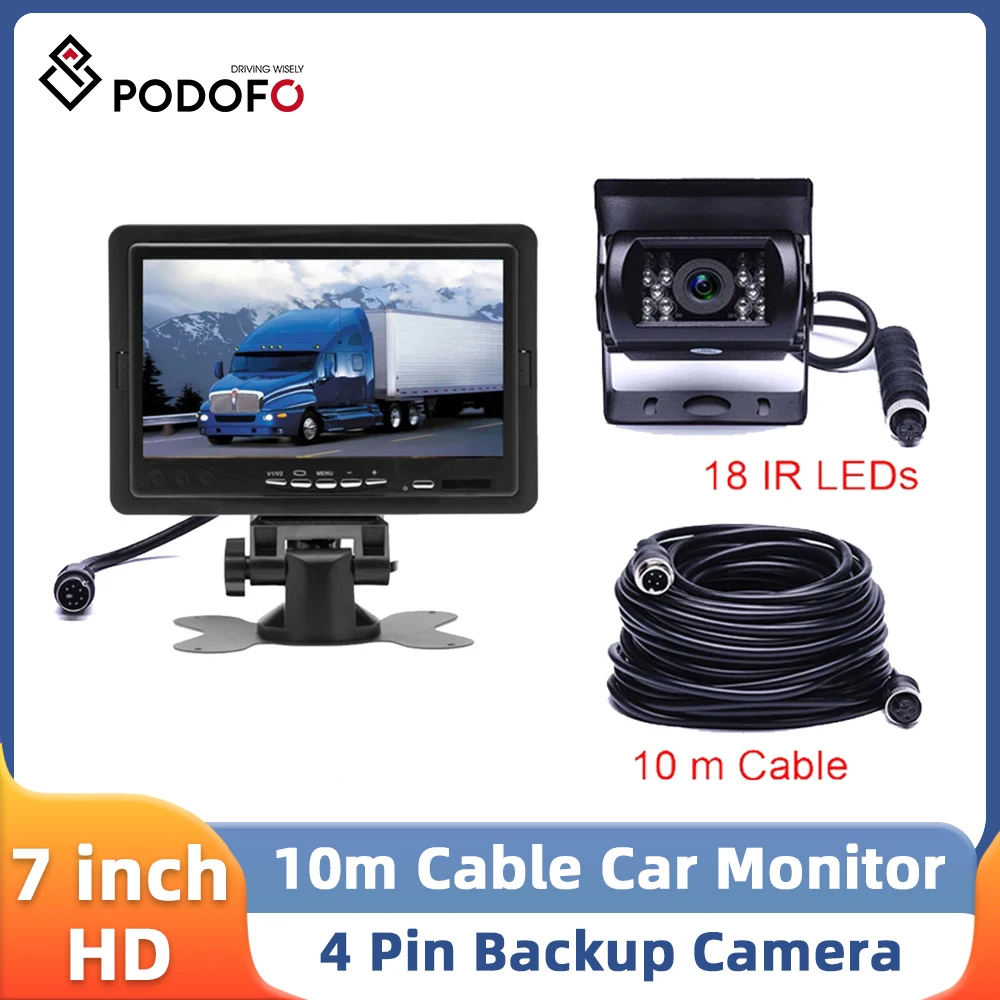 Podofo 7 Inch LCD Car Monitor DC 12V-24V 4 Pin IR Night Vision Car Reversing Camera Without Guideline For Bus Truck RV Caravan