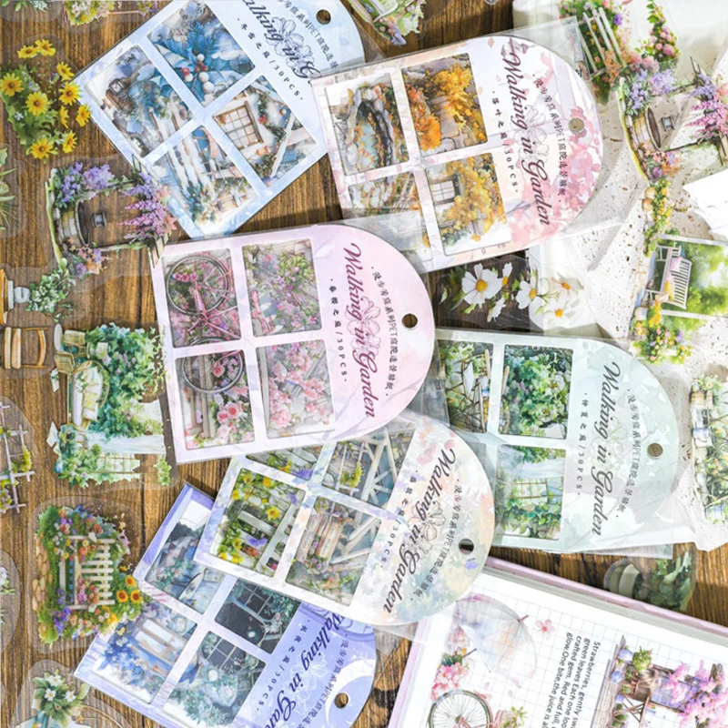 Mr Paper, 1 style 180pcs/bagWalking in the Garden Series PET Garden Landscaping Stickers Decorative Luggage  cute stickers