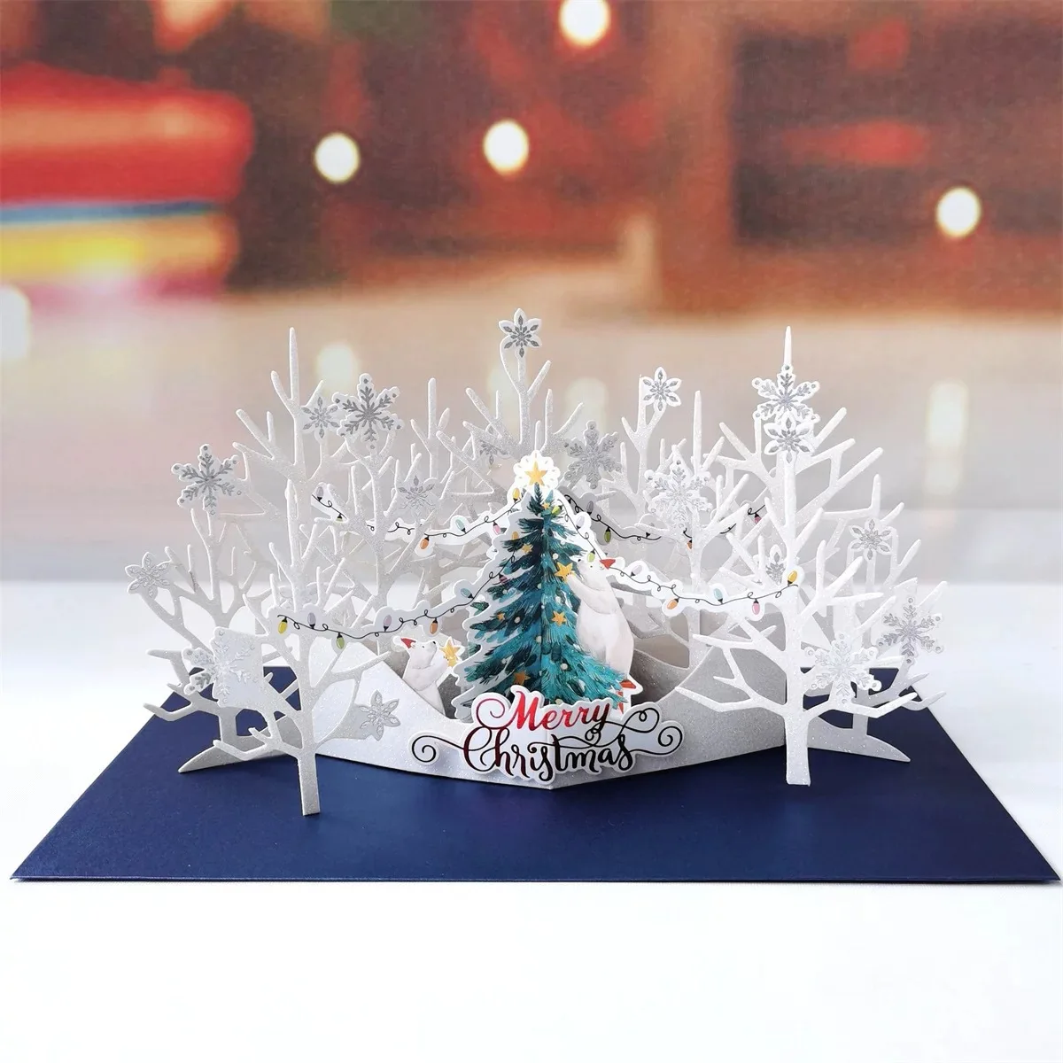 بطاقة عيد الميلاد المنبثقة ثلاثية الأبعاد مع بطاقة تهنئة لعطلة القرية الثلجية سانتا وأصدقاء (تصميم مونليت)