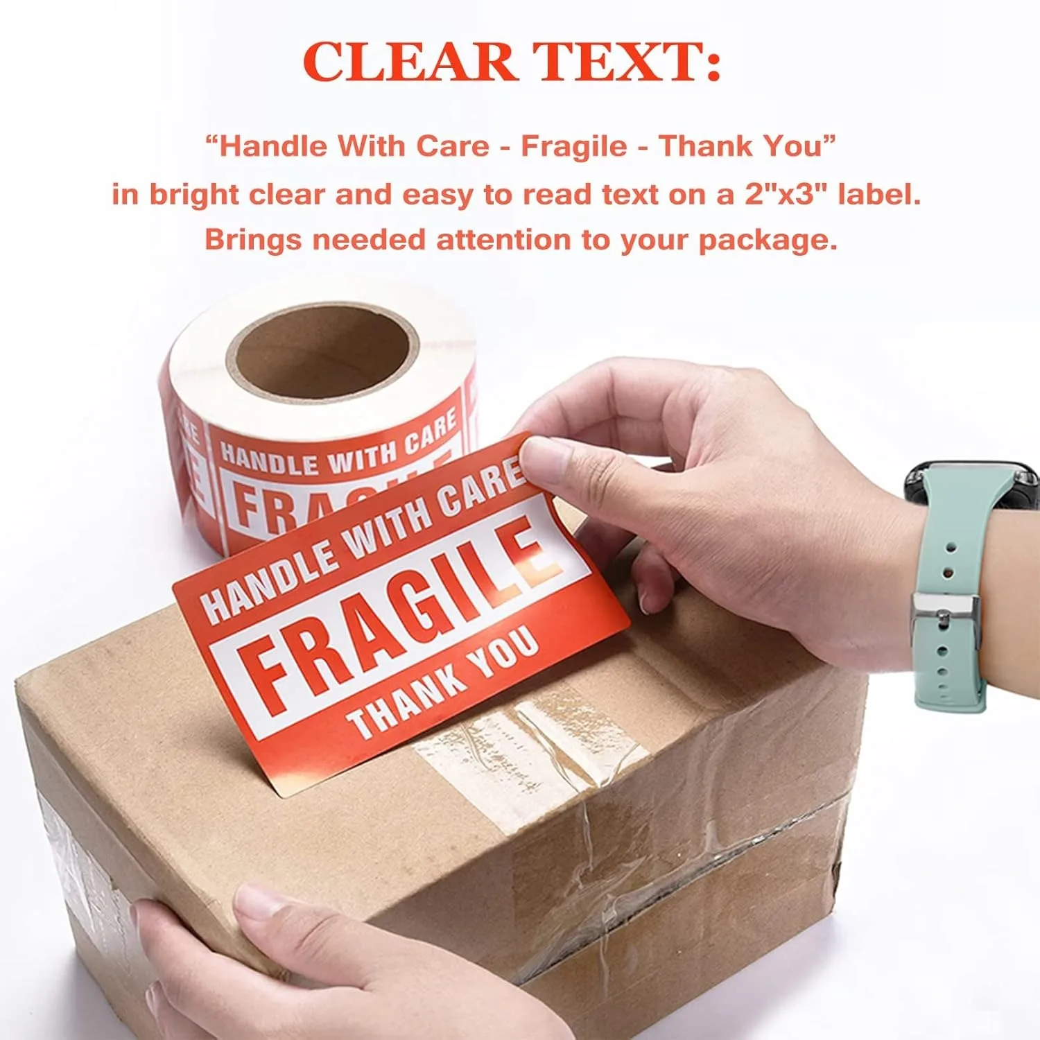 [깨지기 쉬운 경고 스티커] 500개 깨지기 쉬운 스티커 롤 - 빨간색 및 흰색 '조심해서 취급해주세요' 경고 라벨, 감사합니다