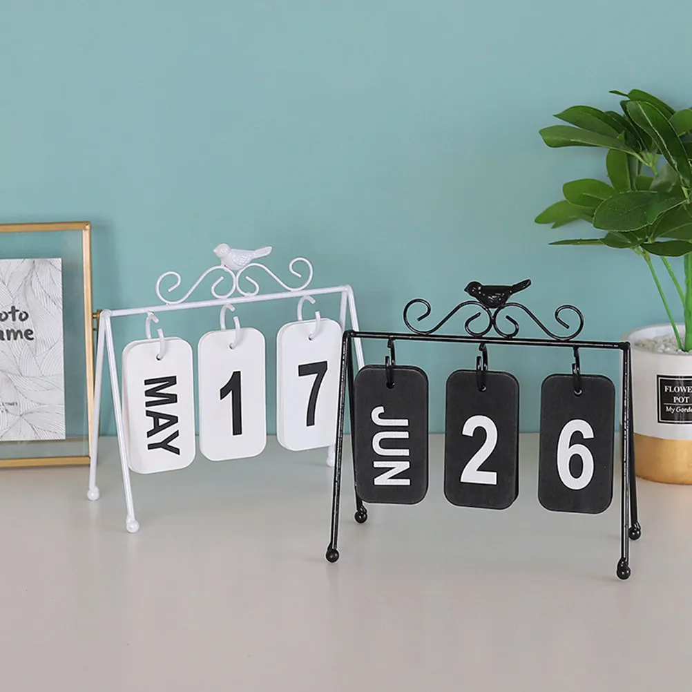 Iron Art Flip Page Desktop Calendar Black Wooden Vintage Bird Style Manual Date Display Creative Table Ornament Home Office