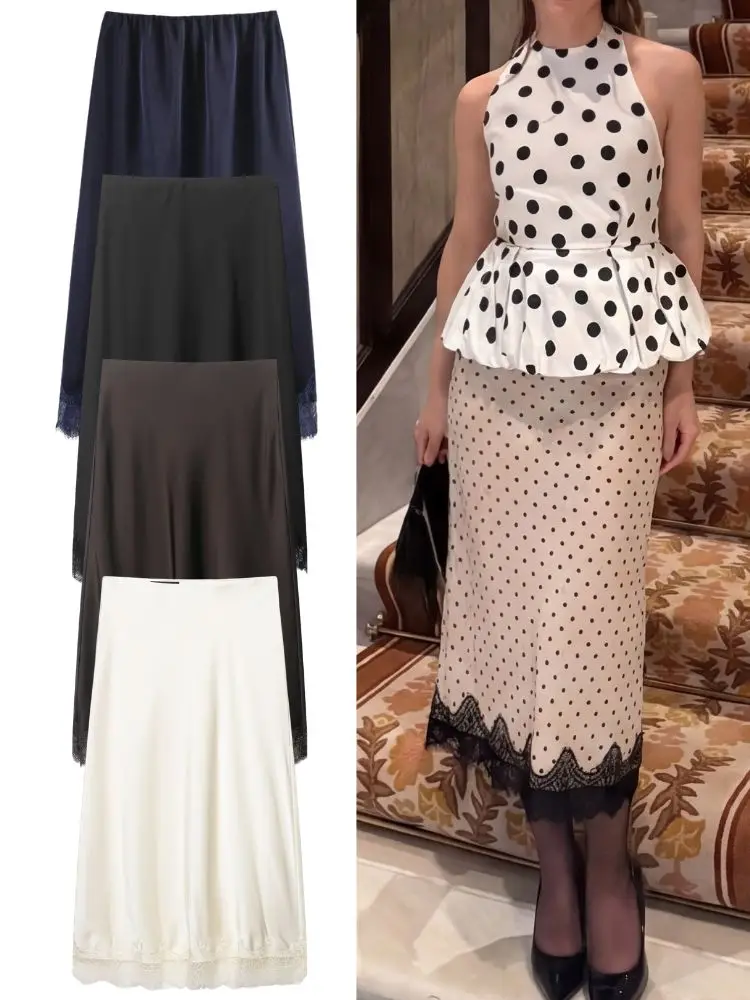 HH Spring Summer Elegant Lace Splice Satin Midi Skirt For Women Fashion Solid Chic High Waist A-Line Female Texture Party Skirt