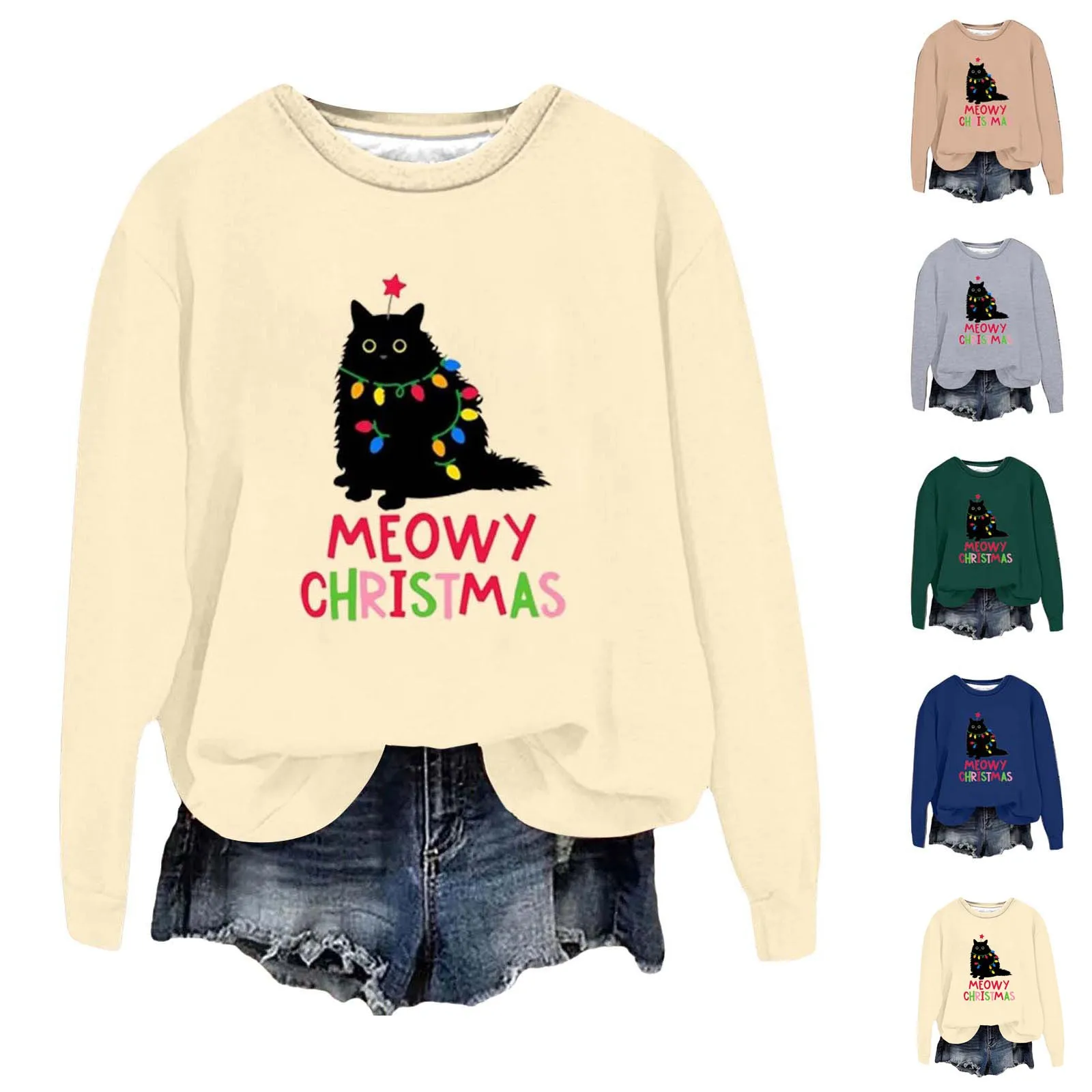 Fat Cat Print Christmas Women\'S Sweatshirts Meowy Cute Pattern Hoodie Winter Warm Comfortable Cotton Ladies Causal Xmas Clothing