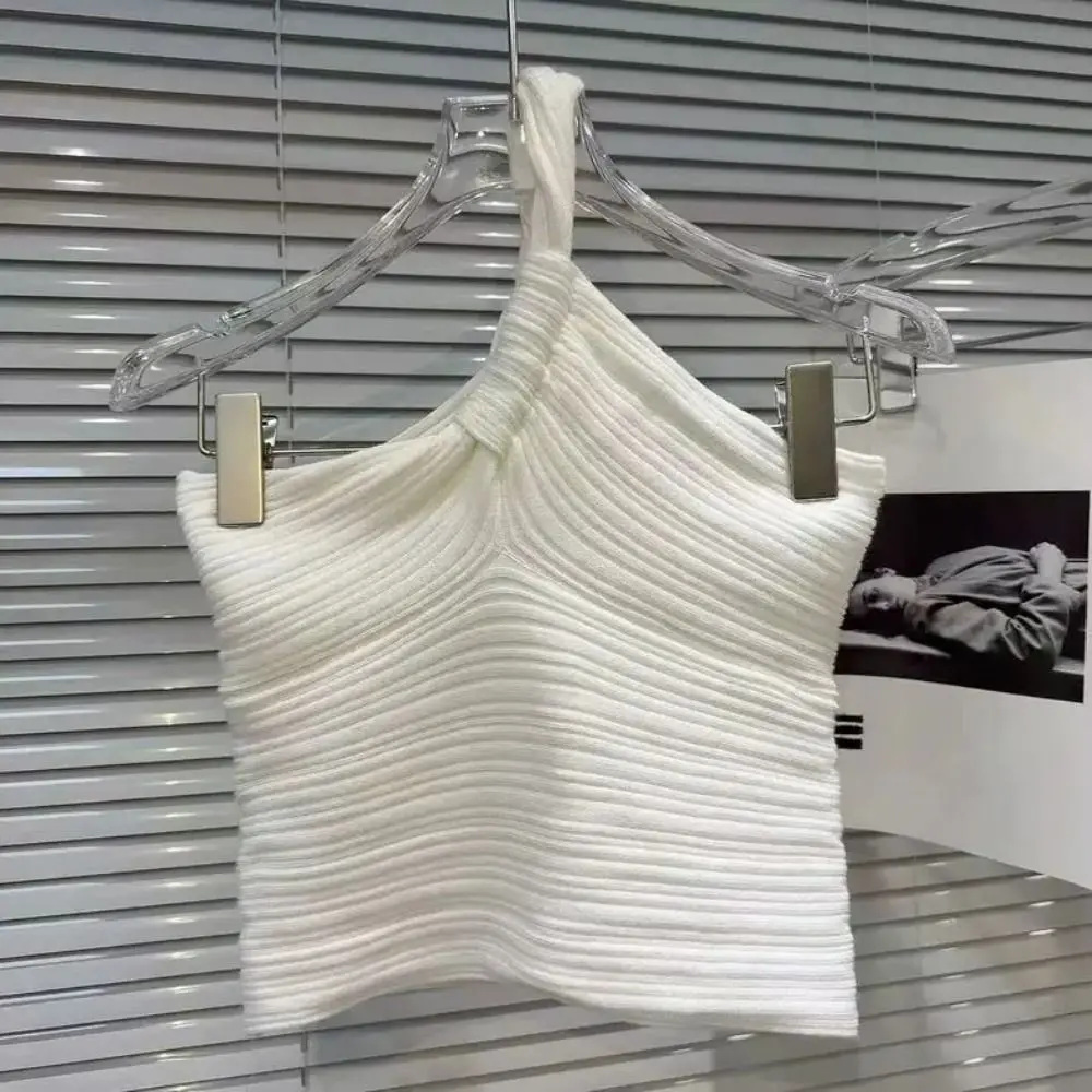 Big Twist Knotted Design ปิดไหล่ Camisole สายสั้น SLIM FIT เสื้อกล้ามไหล่เดียวดีไซน์จีบไม่สม่ําเสมอ