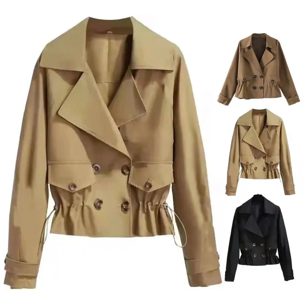 

Women Jacket Long Sleeves Lapel Collar Double-breasted Elastic Waist Pocket Solid Color Casual Short Ladies Female Coat Outwear