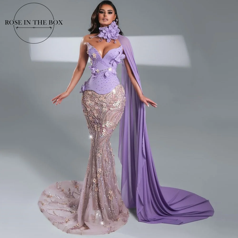 ROSEINBOX Vestidos de fiesta con chal de gasa lila, cuello corazón adornado con cristales, vestido de noche de lujo 2026 personalizado