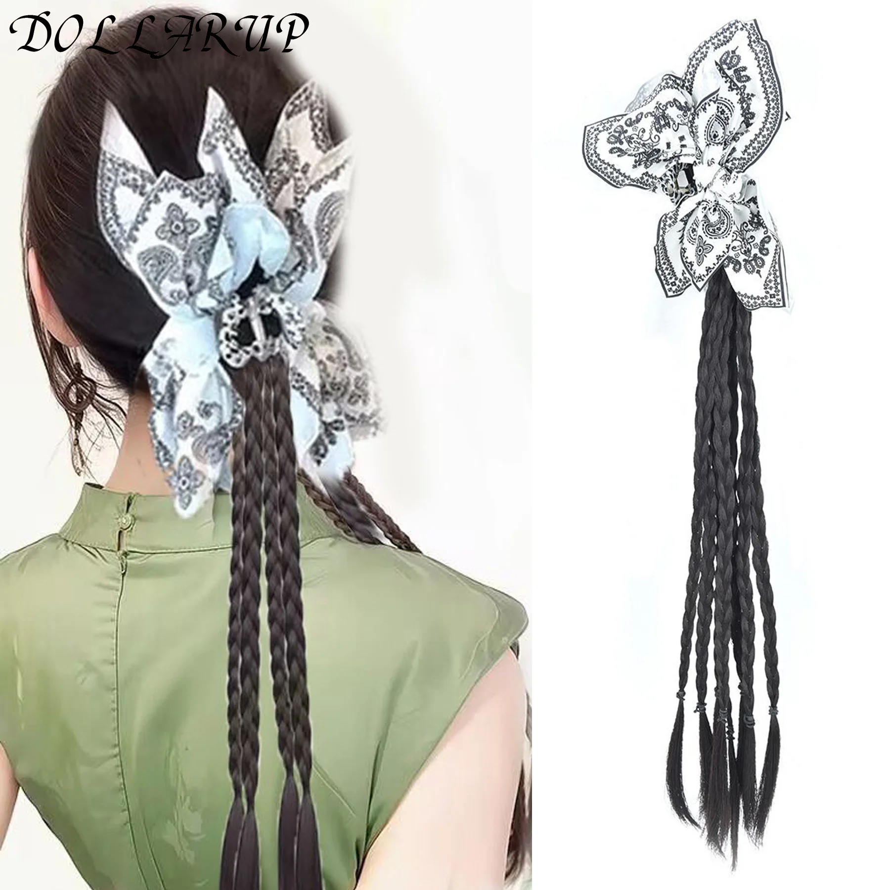 

Chinese New Style Dyeing Long Hair Braids Tail Feathers Hairpins Natural Seamless Fake Hair for Women Hair Extension Weave