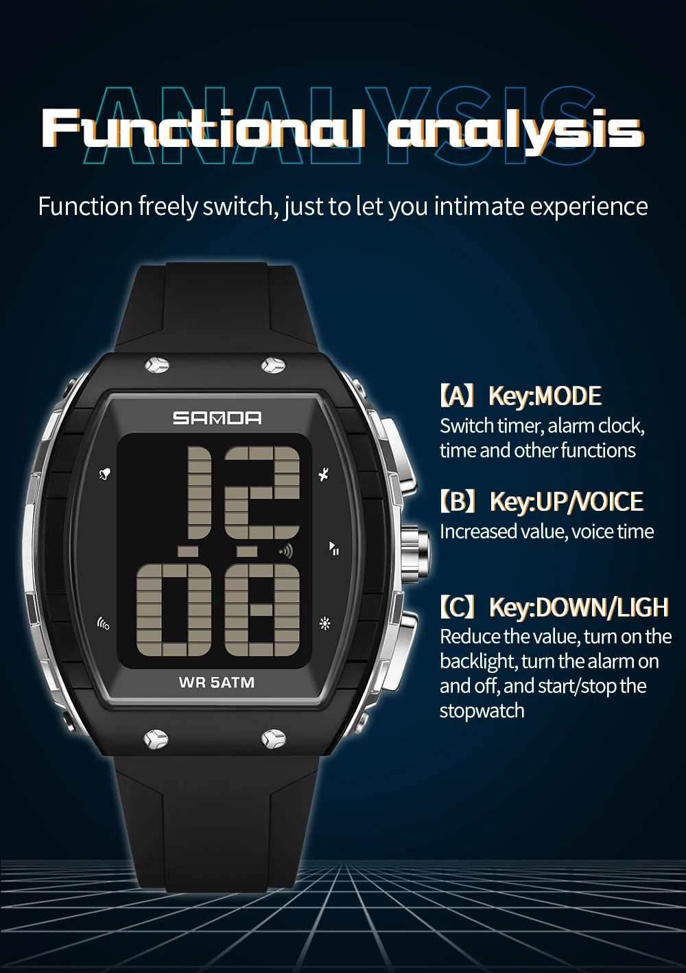 SANDA جديد 6222 موضة الطالب ساعة إلكترونية متعددة الوظائف ساعة الطالب صوت الوقت إنذار مقاوم للماء ساعة 2025