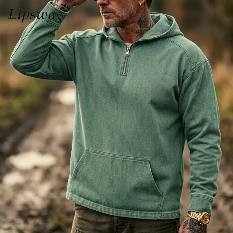Trendy Men Denim Hoodie Polo Shirts 2026 Spring Autumn Solid Color Half Zip Daily Outdoor Mens Vintage Sports Tops For Men