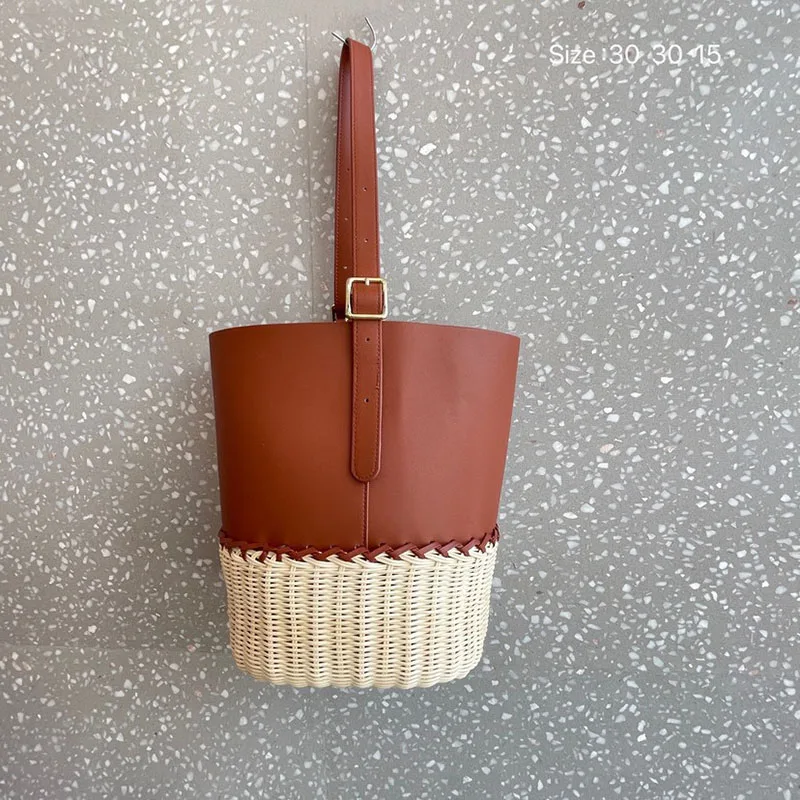 

Summer Beach Handbags Crossbody Large Bucket Womens Bags New Vacation Style Leather Splicing Handmade Designer Bag