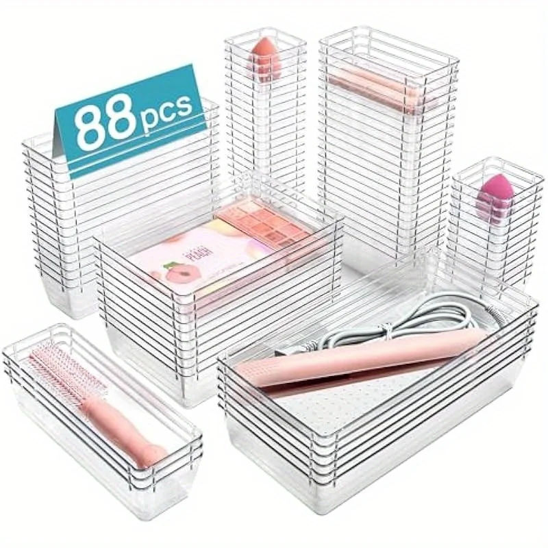 Conjunto de Gavetas Organizadoras de Plástico Transparente 88/6/9, Bandeja Organizadora para Gavetas de Banheiro, Caixa Organizadora, Ideal para Penteadeira de Maquiagem, Utensílios de Cozinha