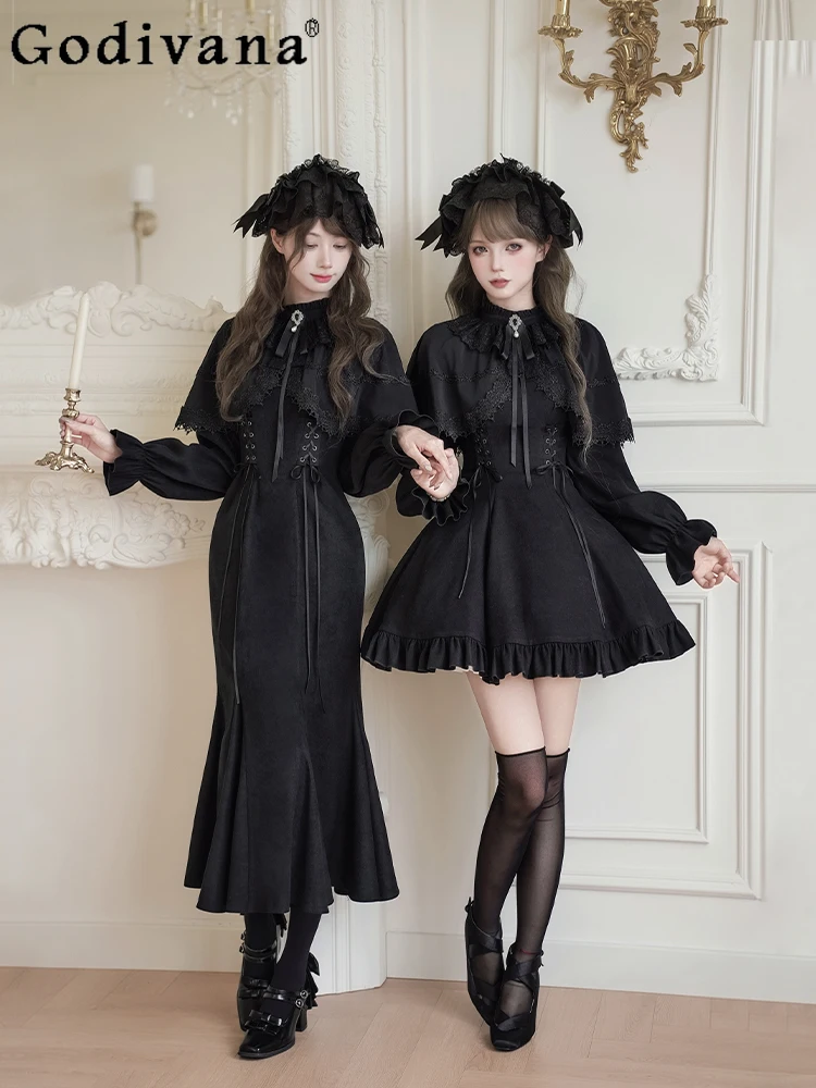 

Halloween Gothic Long Mermaid Dress French Elegant Retro Women's Slim Fit Slim Long Sleeved Dress Op Lolita Princess Cape Dress