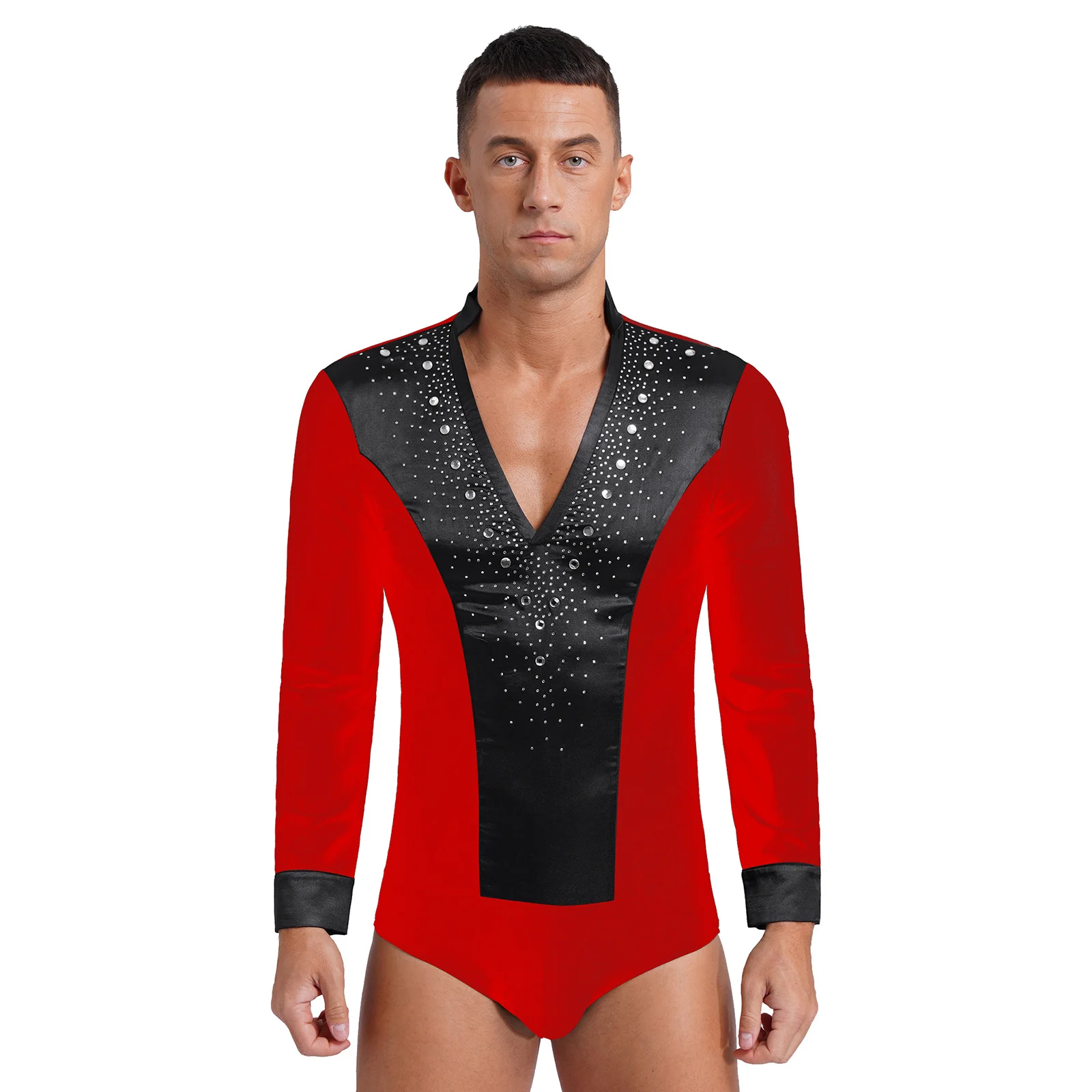 Men Latin Dance Shirts Rhinestones Metallic Splice Top Competition Performance Wear Male Ballroom Chacha Latin Dancing Clothes