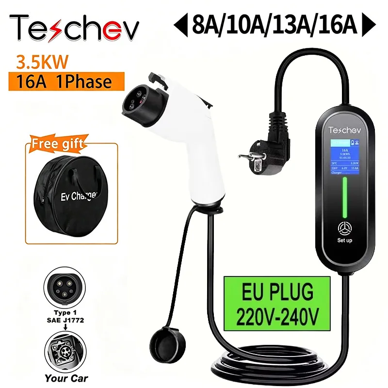 Chargeur EV portable 3,5 kW 16A Type 2, prise Schuko, chargeur de voiture électrique domestique avec écran LCD, câble de charge rapide pour tous les véhicules électriques Type 2