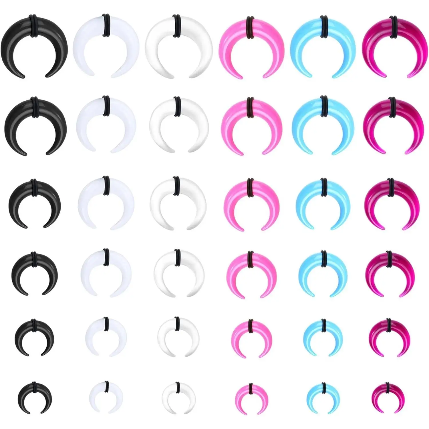 Kit de dilatación de septum de acrílico para mujeres y hombres, con pinzas para septum, anillos de septum en forma de C de calibres 14G, 12G, 10G, 8G, 6G, 4G, y kit de calibros de septum con anillos de goma negros.