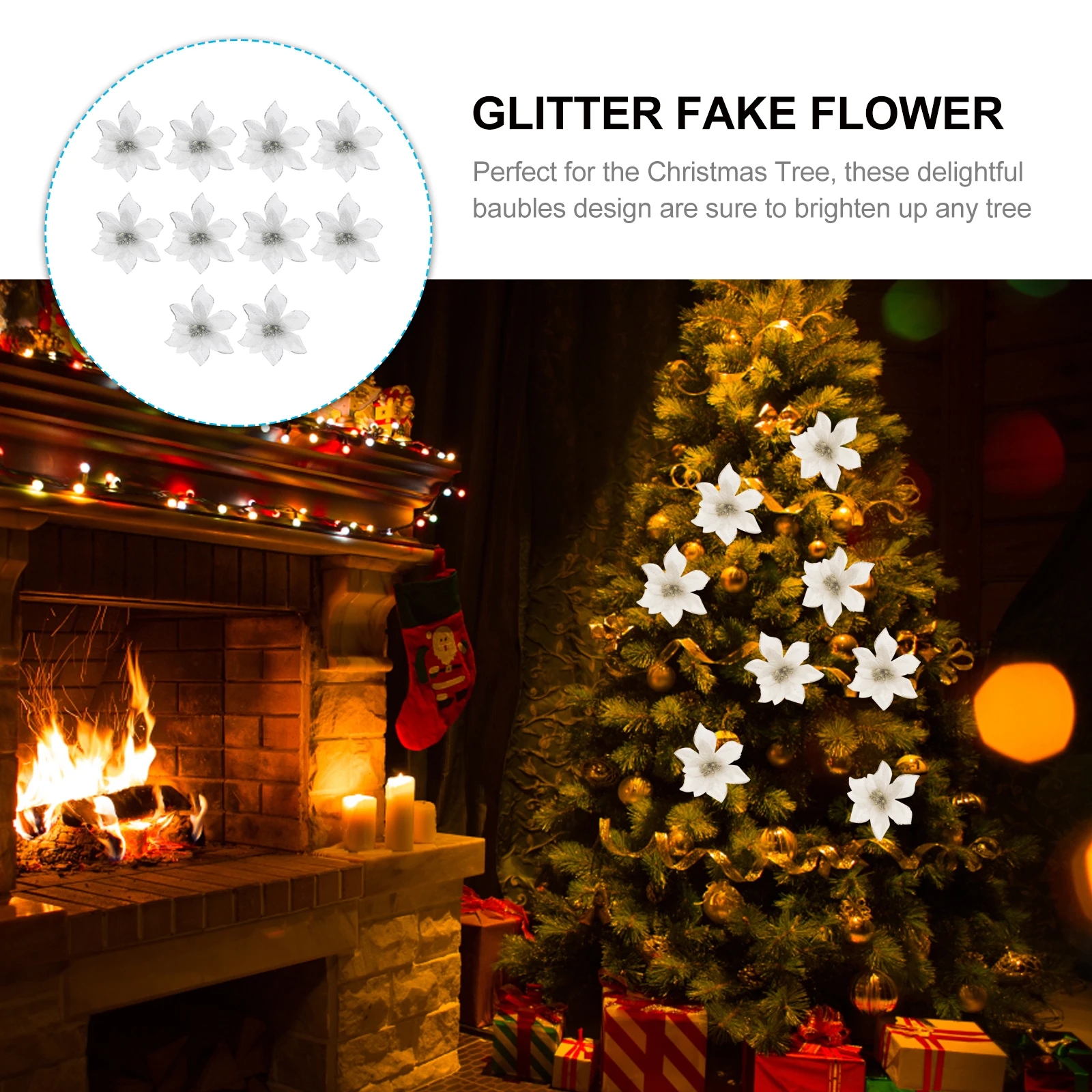 

10Pcs 13cm Glitter Fake Flower Christmas Tree Decorations Purple Sparkling Ornament for Hotel Restaurant Office