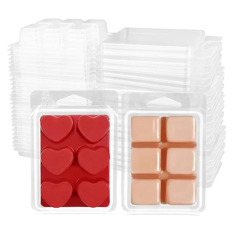 Wax Melt Clamshells Molds, Cube-Tray 6-Cavity Clear Empty Plastic Square & Heart Shape Cube-Wax Melt Container For DIY 100Pack