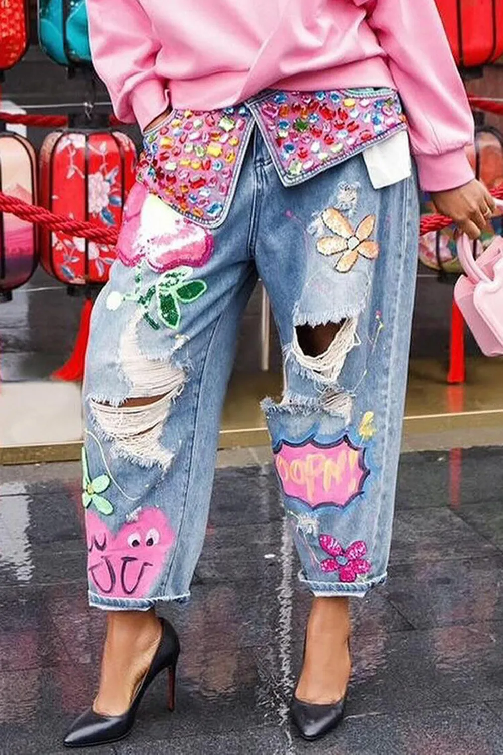 

Fashionable Women's Jeans Spring Summer Hot Brick Print Holes Comfortable Street Can Wear Ladies Wide Leg Pants
