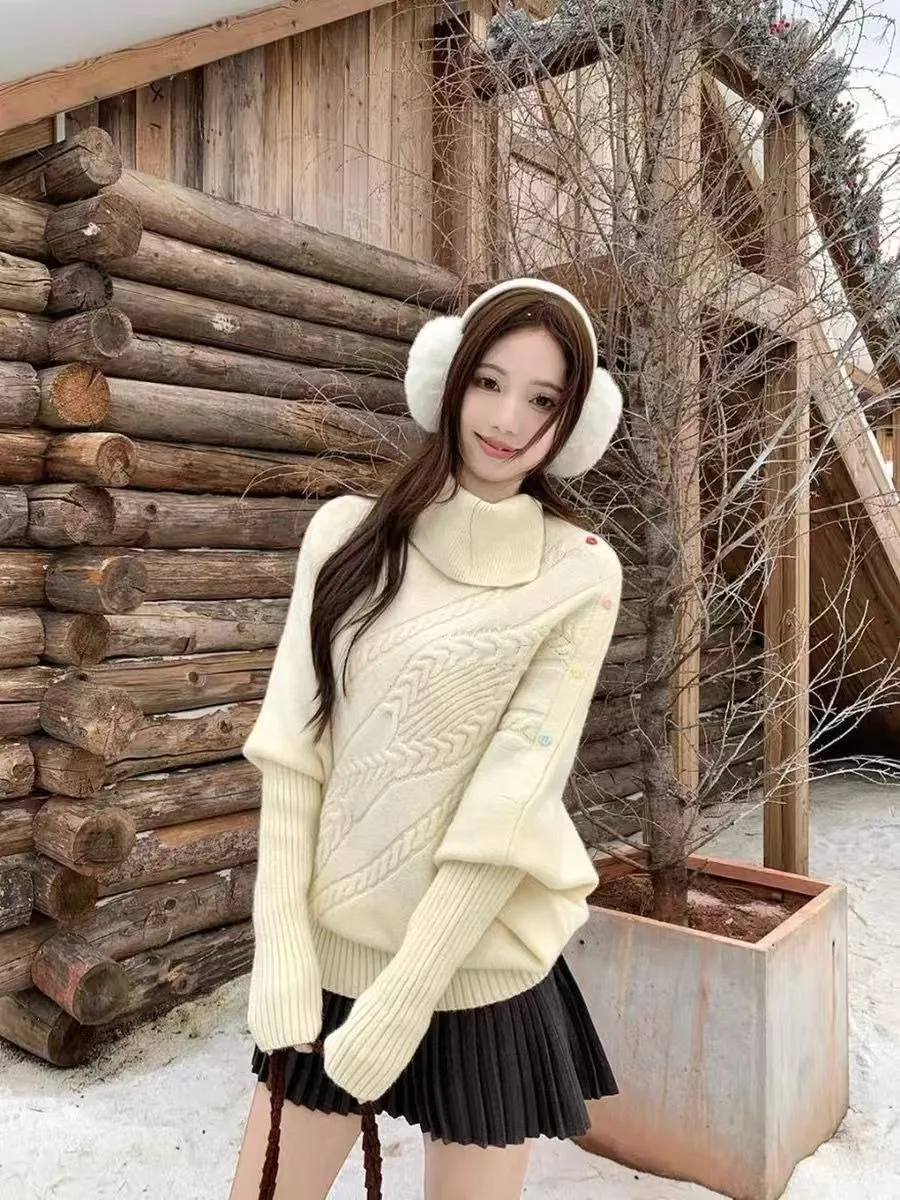 부드럽고 아늑한 하이 칼라 스웨터 여성용 루즈핏 롱 니트 탑 스윗 스타일 코튼 100% 가을 겨울...