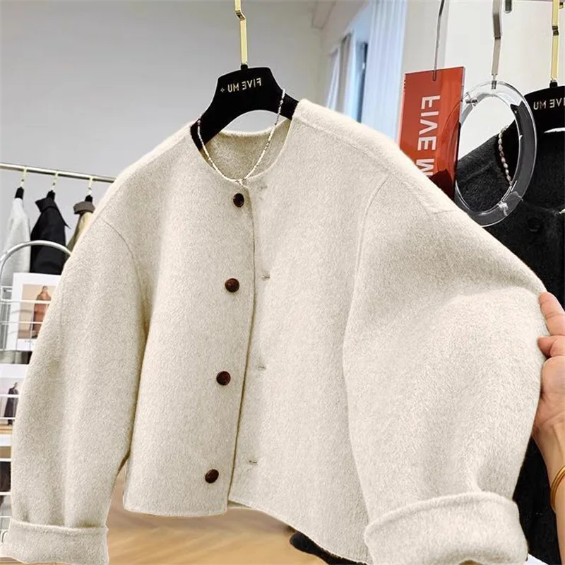 

Thiened ort Double-sided Woolen Cardigan Coat for Women Sli Korean Version Autumn Winter Outerwear Casual Commute