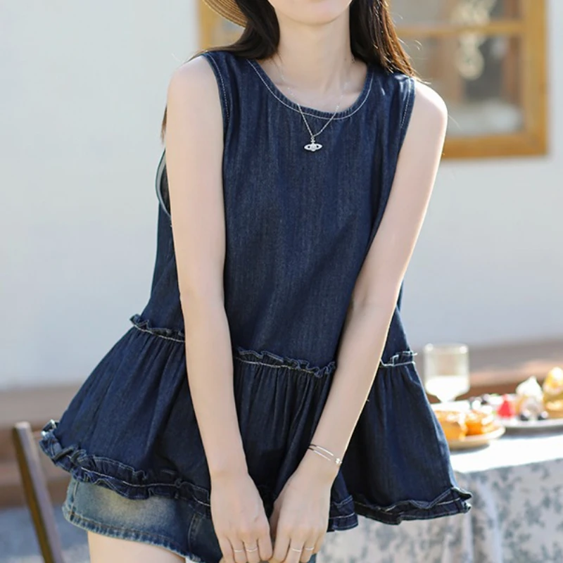 خمر الكشكشة أكمام المرأة سترة جينز القمم 2025 جديد الصلبة عادية فضفاض س الرقبة الجينز تي شيرت الإناث